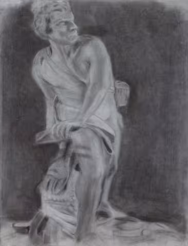 The image is a charcoal drawing of a statue, depicting a classical figure in a contemplative pose. The statue is rendered in a detailed and realistic style, with subtle shading and texture that gives the impression of depth and dimensionality. The overall effect is one of a serene and peaceful scene, with the statue standing alone in a simple, unadorned setting.